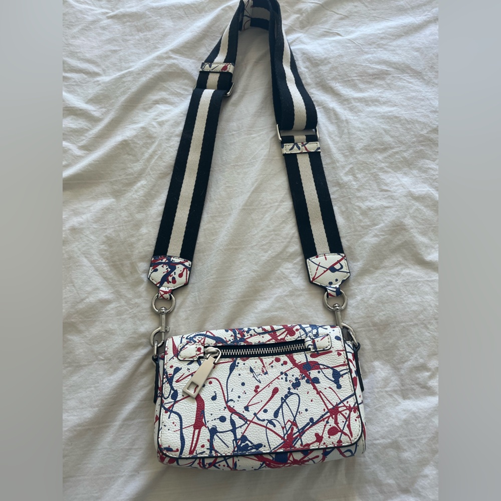 Marc Jacobs Splatter Paint Crossbody Bag Red/White/Blue Striped Wide Strap